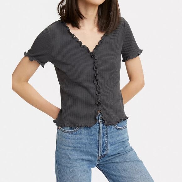 Levi's Mona Button Up Ribbed Shirt Ruffle Edges Charcoal Gray Womens Size Medium - Picture 1 of 10